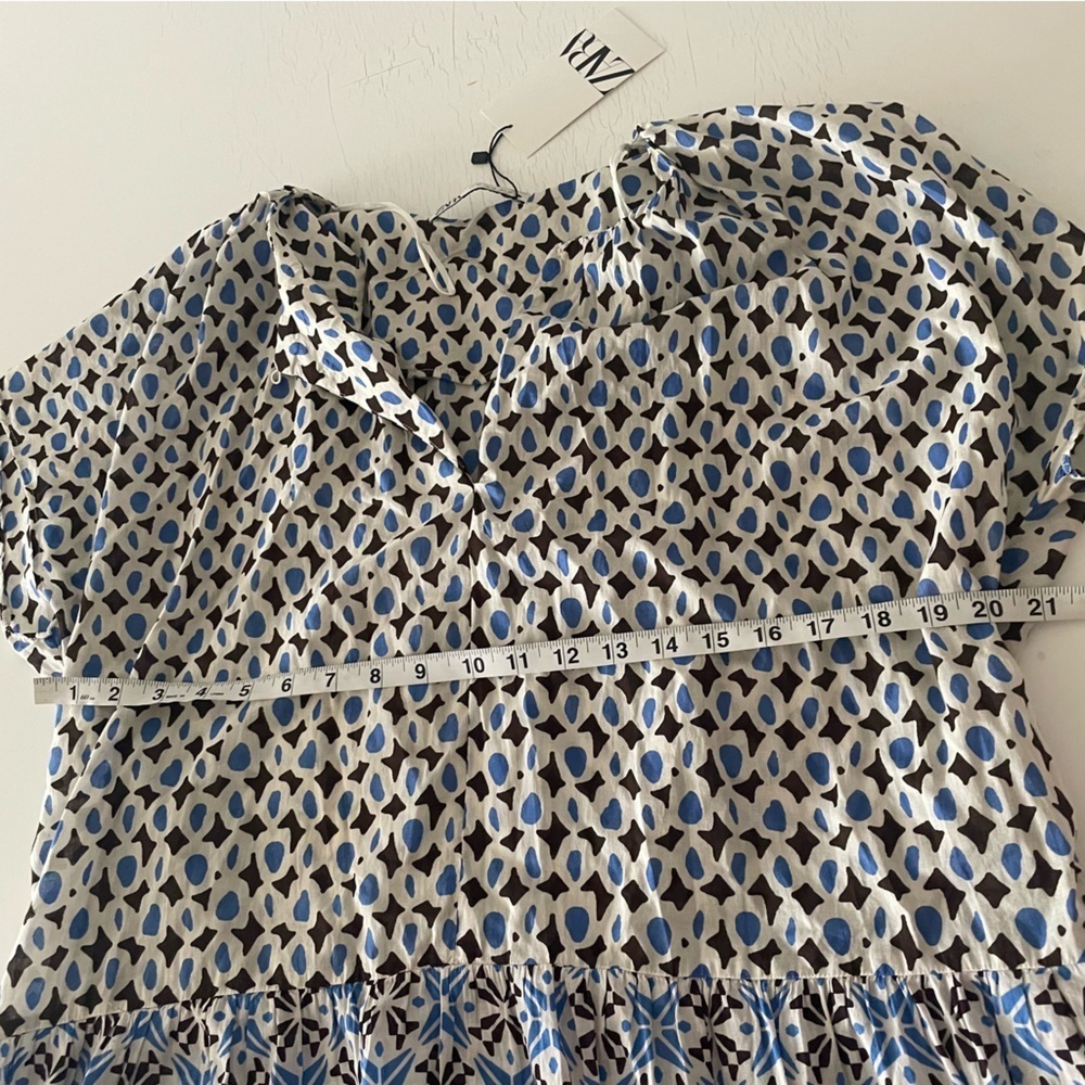 ZARA Dress Womens XL Brown Blue Patchwork Tiered Long Flowy Bohemian Cotton NWT - Picture 5 of 13